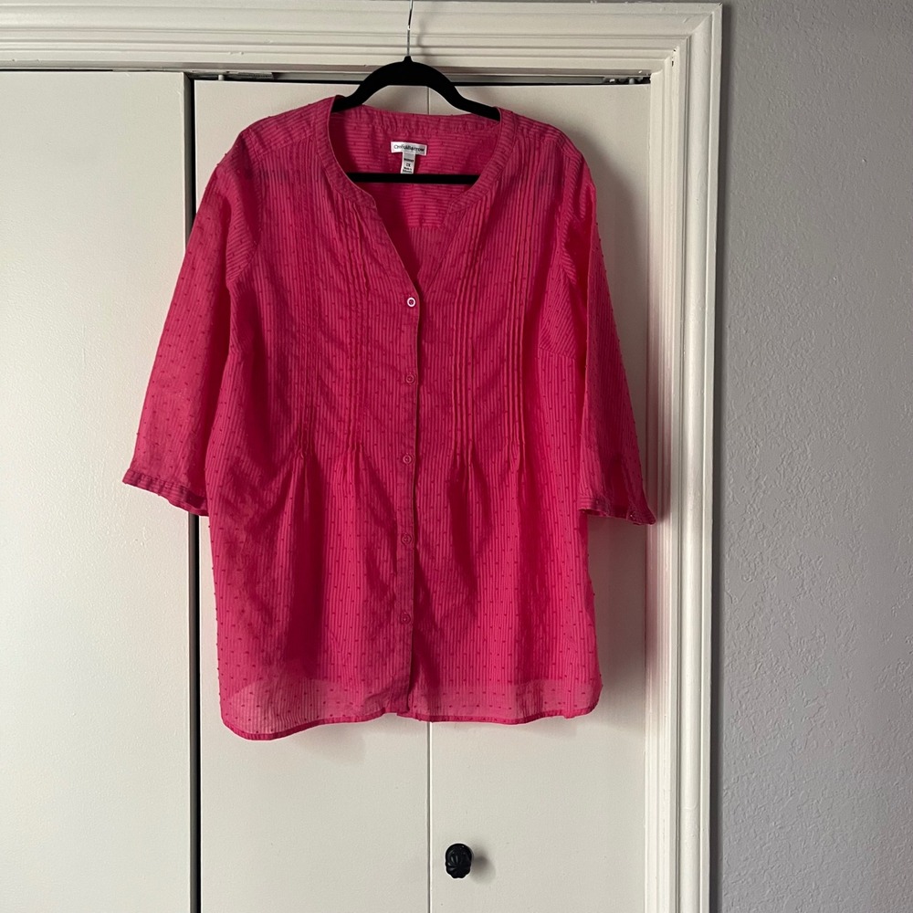 Croft & Barrow Tunic Top Swiss Dot Button Front 3/4 Sleeve‎ Pink 2X